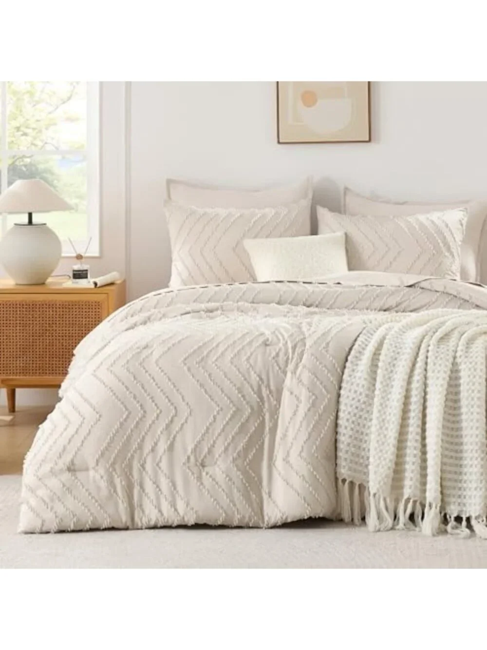 Boho King Size Comforter Set - 3 Piece Soft Cream Bedding, Cozy Beige Decor